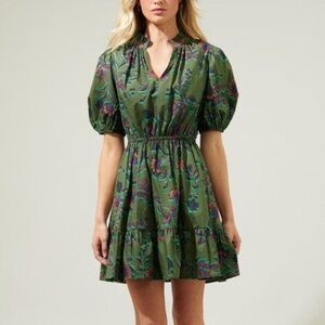 Sugar Lips Green Floral Print Dress Puff Sleeves